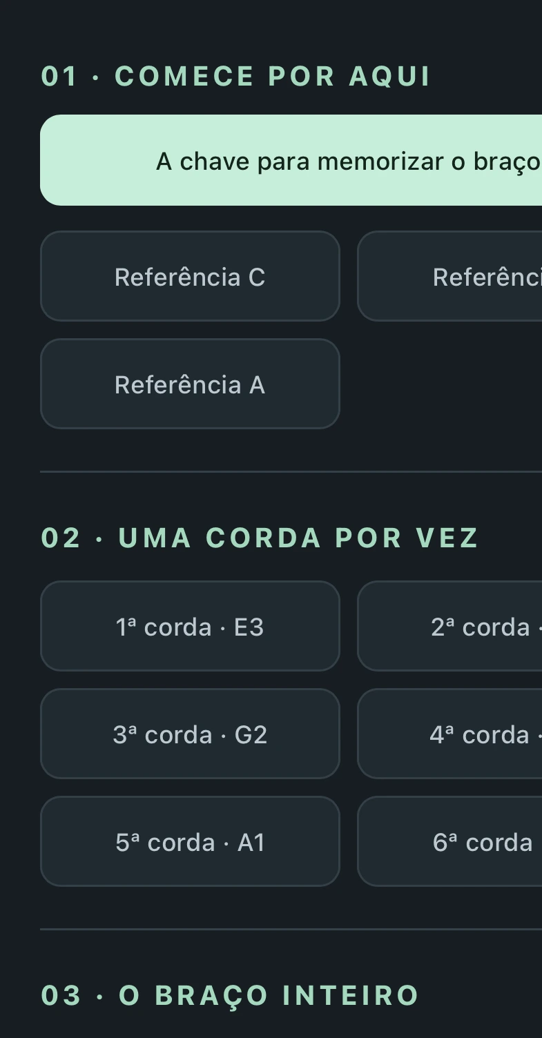 Menu do Guitar Maps: referências C, F e A, treino por corda, desafio 102, exploração livre e desafio pelo ouvido